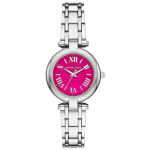 Michael Kors women's analog watch with a silver-tone stainless steel link bracelet, a round silver case, and a vibrant hot pink dial featuring Roman numeral hour markers.