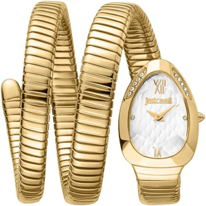 Just Cavalli Signature Snake JC1L224M0035 women's watch - silver quilted dial gold steel triple-wrap strap