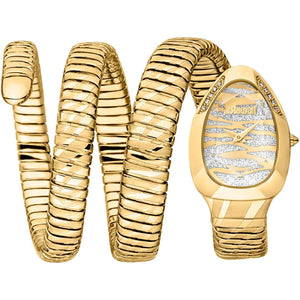 Authentic real-life photo of Just Cavalli JC1L226M0025 showing the gold-tone triple wrap snake bracelet and glitter dial from Luxury Hub Store