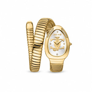 Authentic real-life photo of Just Cavalli JC1L227M0035 showing the gold-tone double wrap snake bracelet and silver dial from Luxury Hub Store