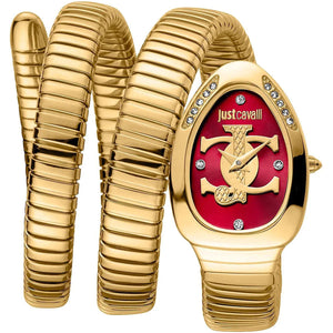 Gold watch with red face and Just Cavalli logo on a white background