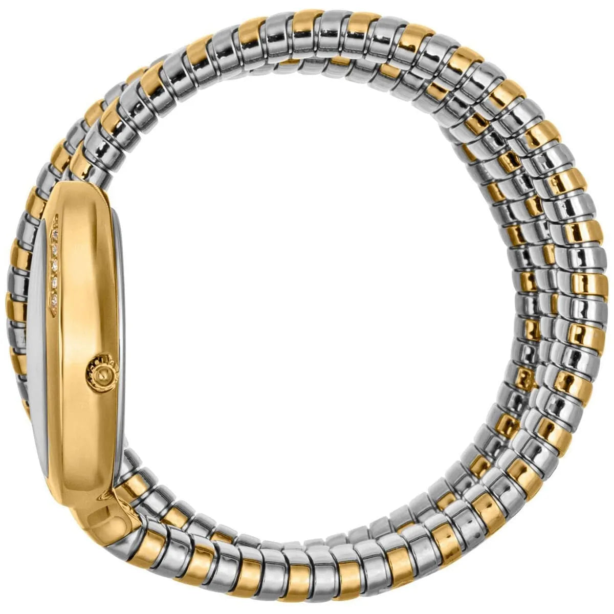 Side view photo of the unique case of Just Cavalli JC1L228M0065 showing case thickness and asymmetric snake shape from Luxury Hub Store