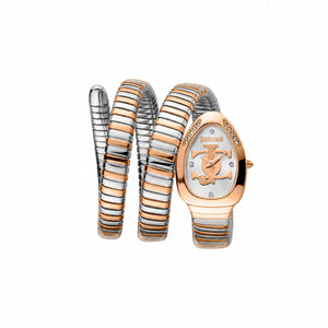 Authentic real-life photo of Just Cavalli JC1L228M0085 showing the rose gold and silver triple wrap snake bracelet and silver dial from Luxury Hub Store