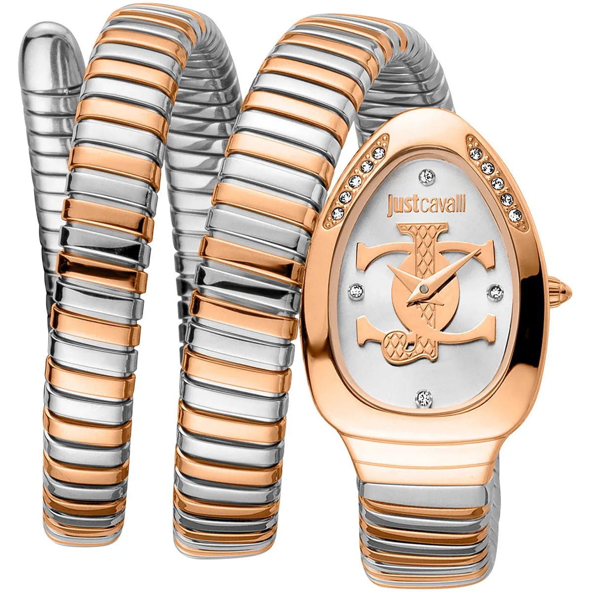 Authentic real-life photo of Just Cavalli JC1L228M0085 showing the rose gold and silver triple wrap snake bracelet and silver dial from Luxury Hub Store