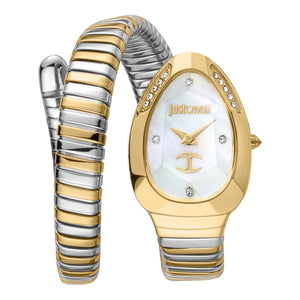 Authentic real-life photo of Just Cavalli JC1L229M0065 showing the two-tone double wrap snake bracelet and mother of pearl dial from Luxury Hub Store