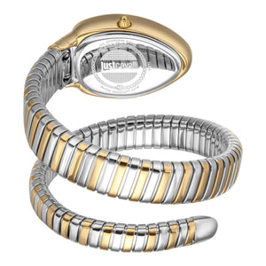 Back view photo of Just Cavalli JC1L229M0065 showing the stainless steel caseback and engraved brand markings from Luxury Hub Store