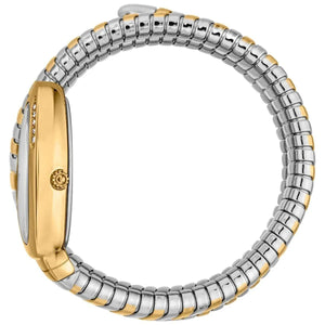 Side view photo of the unique case of Just Cavalli JC1L230M0065 showing case thickness and asymmetric snake shape from Luxury Hub Store