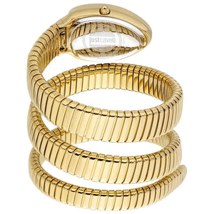 Gold watch with a ribbed design on a white background, featuring the brand 'just cavalli'.