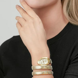 Close up shot of Just Cavalli JC1L232M0055 on wrist showing the elegant two-tone snake design and white dial from Luxury Hub Store