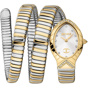 Authentic real-life photo of Just Cavalli JC1L248M0055 showing the two-tone double wrap snake bracelet and silver dial from Luxury Hub Store