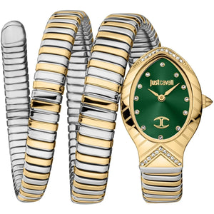 Just Cavalli Signature Snake JC1L248M0065 women's watch - green crystal dial two-tone steel triple-wrap strap