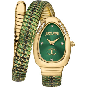 Authentic real-life photo of Just Cavalli JC1L251M0035 showing the silver-tone double wrap snake bracelet and green dial from Luxury Hub Store