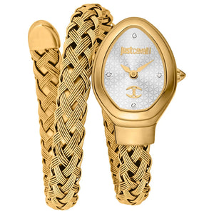 Front view of Just Cavalli Signature Snake JC1L264M0025 women's watch with silver textured dial and gold wrap bracelet.