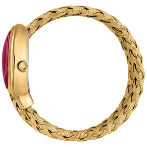 A gold-plated braided watch band with a gold case and a prominent oval magenta pink stone, shown against a plain white background.