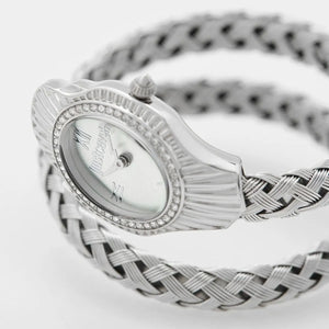 Angled real-life photo of Just Cavalli JC1L305M0015 showing the silver-tone snake head case design and crystal accents from Luxury Hub Store
