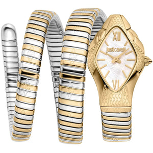 Gold and silver watch with 'Just Cavalli' branding on a white background
