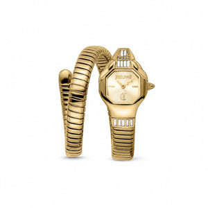 Authentic real-life photo of Just Cavalli JC1L326M0025 showing the gold-tone double wrap snake bracelet and matching dial from Luxury Hub Store