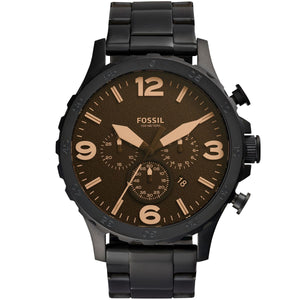 Authentic real-life photo of Fossil JR1356 showing actual black finish, white markers, and distinctive amber crystal