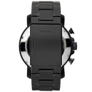 Back view photo of Fossil JR1356 showing the black stainless steel caseback and Fossil branding