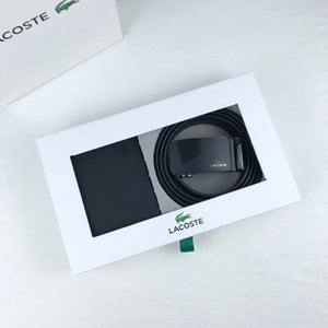 Lacoste belt and wallet set in a branded box on a white background