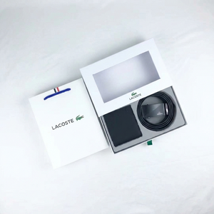 Lacoste wallet and belt set in branded box on a white background