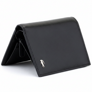 Perspective view of a standing semi-open Lacoste men's black smooth leather bifold wallet showcasing the silver metal crocodile hardware