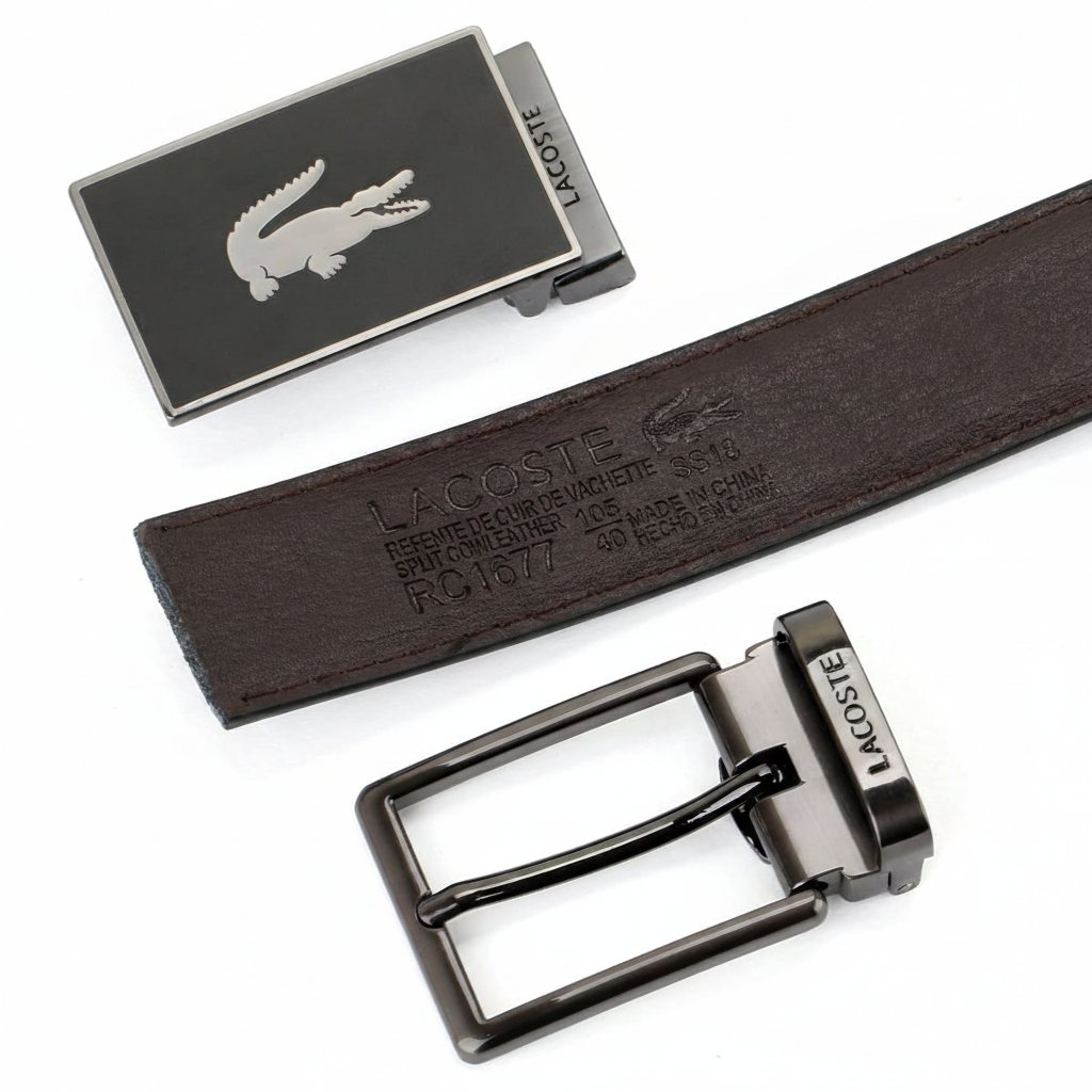 Detailed close-up of two premium Lacoste metal buckles: a modern black plaque buckle with the silver crocodile logo and a classic pin buckle with engraved branding