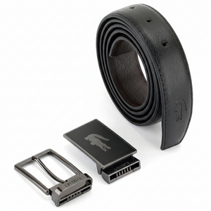 Luxury Lacoste black leather belt displayed with its stylish modern plaque buckle and signature silver crocodile emblem on a clean white background