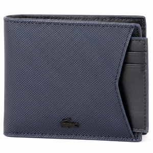 Angled high-perspective view of a closed Lacoste men's navy blue grained leather wallet highlighting the durable textured finish and black crocodile logo