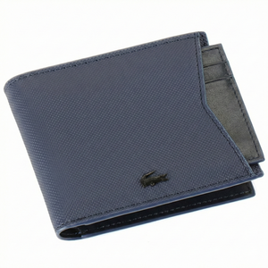 Straight-on front view of a closed Lacoste men's navy blue grained leather wallet showing the black crocodile logo and the edge of the removable card holder insert