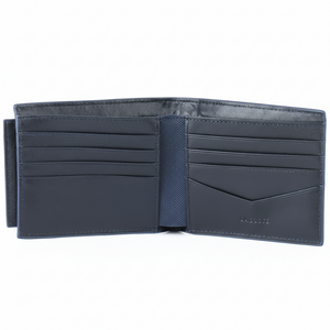 Full interior view of an open Lacoste men's navy blue leather wallet showcasing multiple card slots and debossed Lacoste branding on the leather