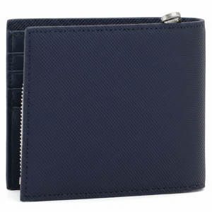 Rear view of a closed Lacoste men's navy blue textured leather wallet highlighting the durable scratch-resistant finish and a visible silver zipper pull at the top