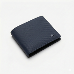 Perspective view of a standing semi-open Lacoste men's navy blue textured leather bifold wallet showcasing the matching tonal navy crocodile logo