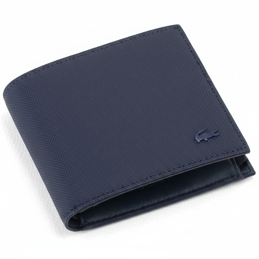 Perspective view of a standing semi-open Lacoste men's navy blue textured leather bifold wallet showcasing the matching tonal navy crocodile logo