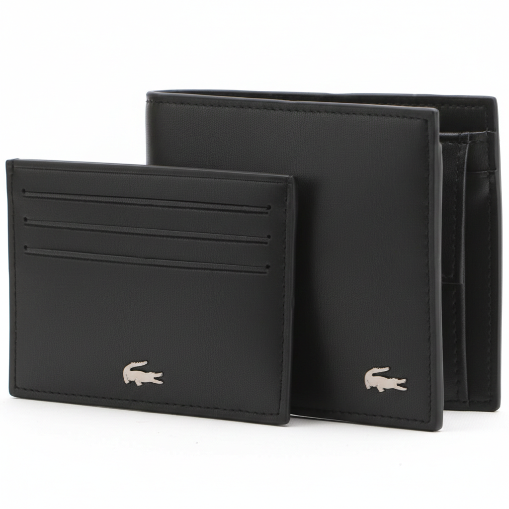 Black leather wallet and cardholder with brand logo on a white background