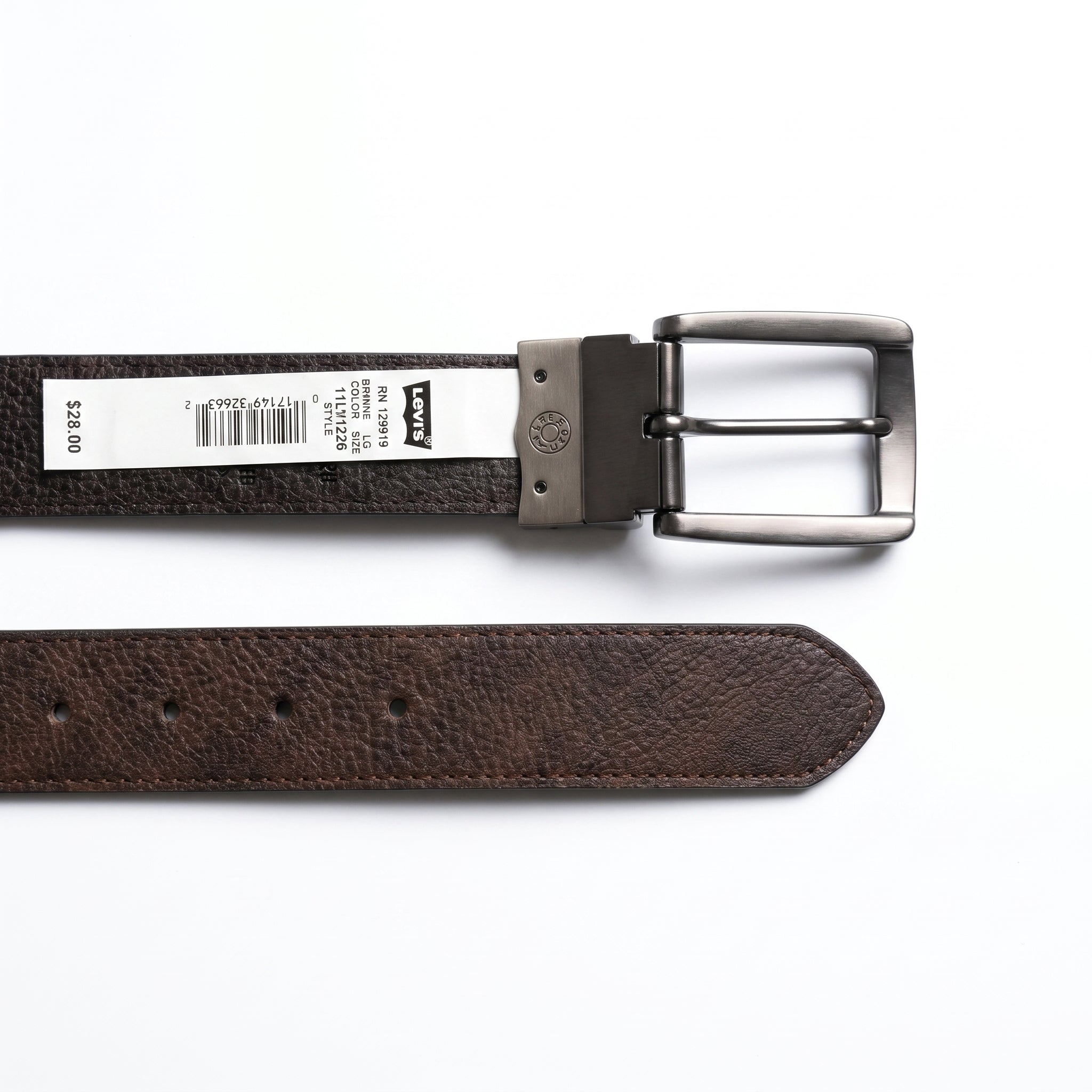 Detailed view of the Levi's double-face belt showing the reversible black and brown grained leather textures