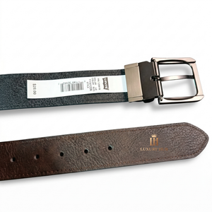 Detailed view of the Levi's double-face belt showing the reversible black and brown grained leather textures