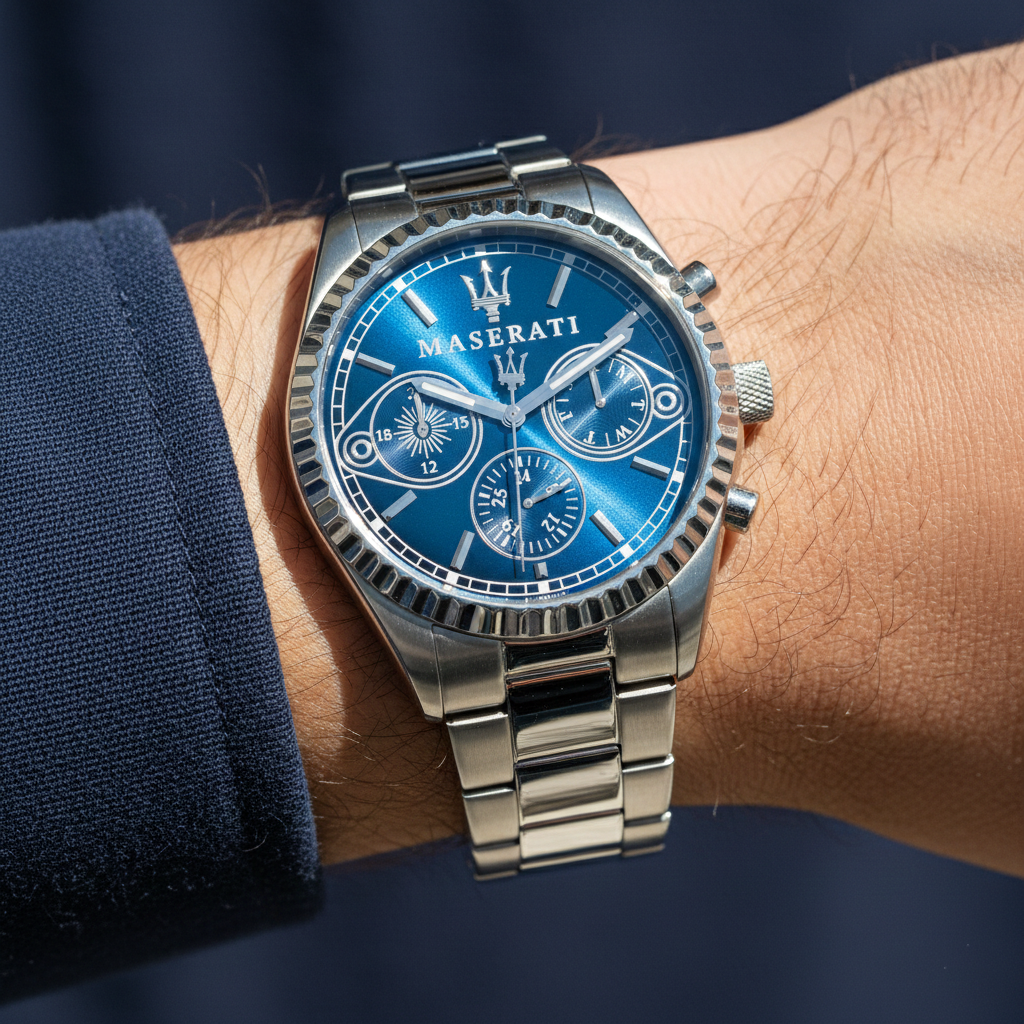 Close up shot of Maserati Competizione R8853100013 on wrist showing the blue multifunction dial