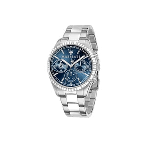 Detailed side view of the silver crown and multifunction pushers on the R8853100013