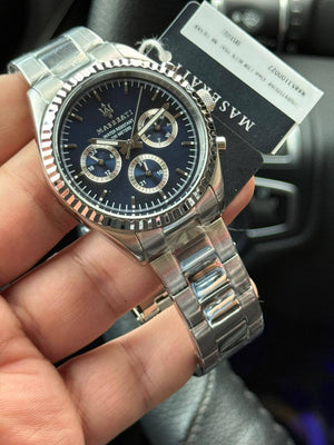 Authentic real-life photo of the Maserati Competizione R8853100022 watch showing actual blue dial and silver finish