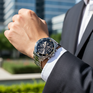 Man wearing Maserati Competizione silver watch with black dial for a premium Italian luxury and sport look