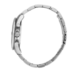 Detailed side view of the silver crown and chronograph buttons on the Maserati R8873600009