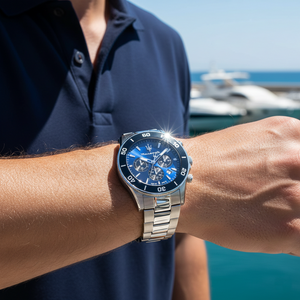 Male model wearing Maserati Competizione R8873600009 silver watch with a sporty casual outfit