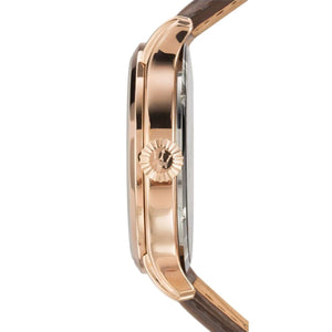 Detailed side view of the rose gold-tone crown on the Maserati R8851118001