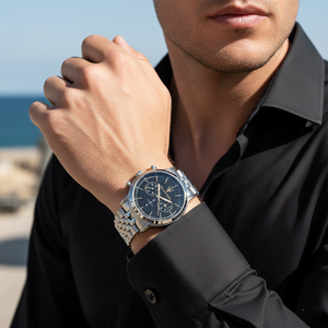 Man wearing Maserati Epoca silver watch for a sophisticated Italian vintage luxury look