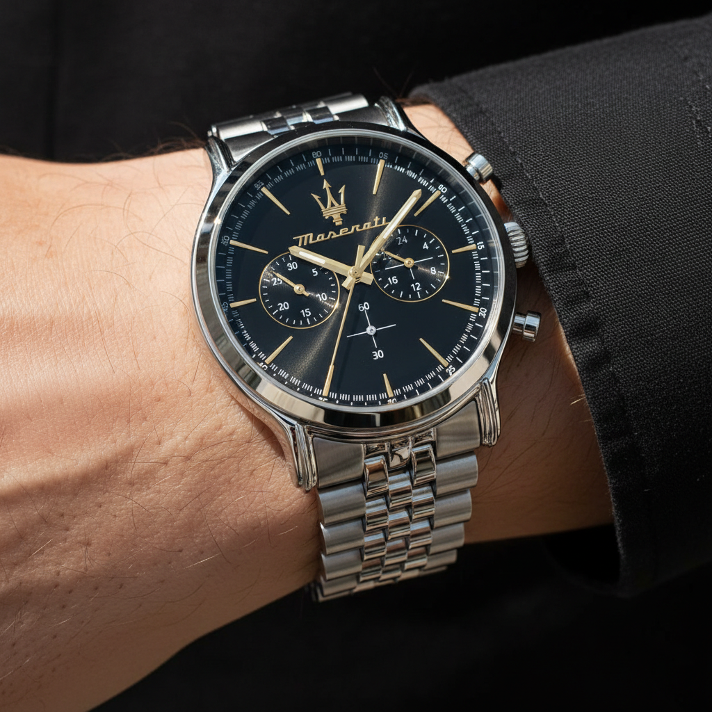 Close up shot of Maserati Epoca R8873618017 on wrist showing the black dial and gold trident logo