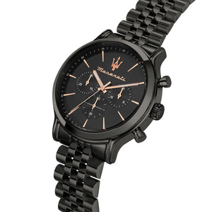 Side profile view showing the slim 11mm black case and vintage-style pushers of the Maserati chronograph