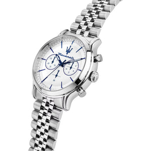 Left side perspective of the silver stainless steel jubilee strap on the Maserati Epoca watch