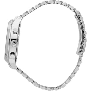 Side profile view showing the 11mm case thickness and professional silver finish of the Maserati chronograph