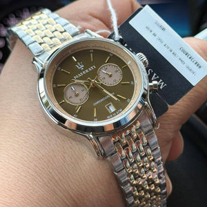 Authentic real-life photo of the Maserati Legend R8873638003 watch showing actual bronze dial shine